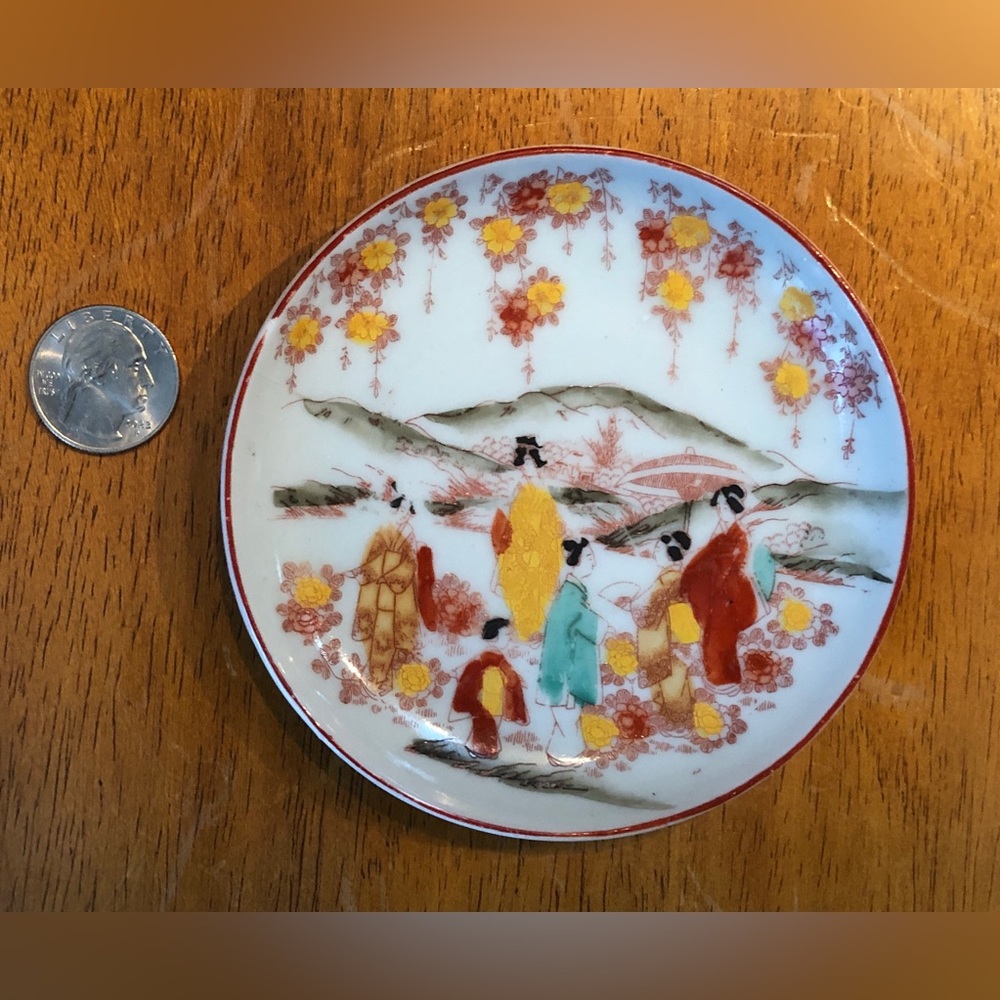 Vintage~JAPANESE Porcelain Saucer - GEISHA GIRLS Garden Red Trim